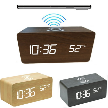Zunammy Wooden Digital LED Alarm Clock with Wireless Charger Qi Pad - Wooden