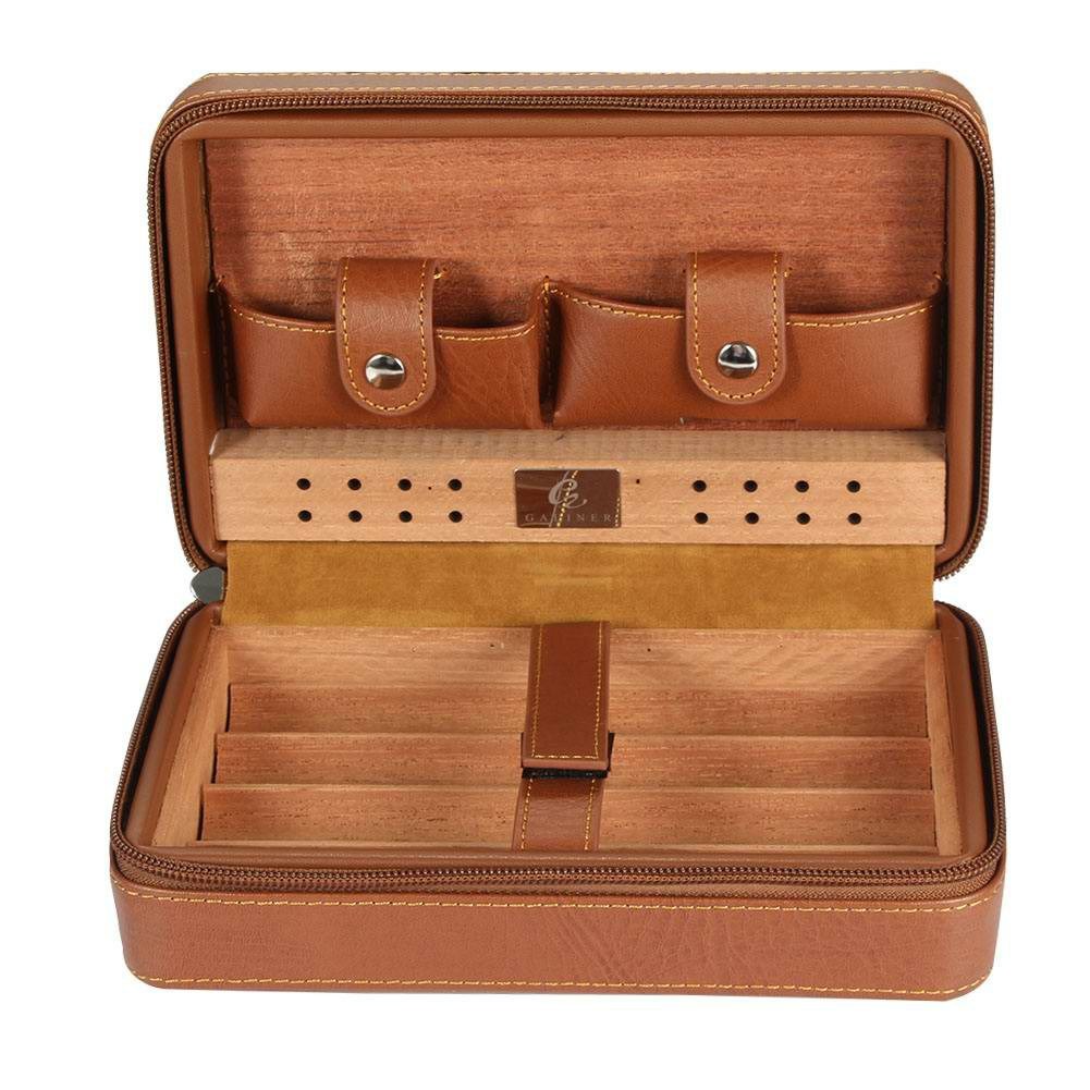 GALINER Leather Travel Cigar Case with Humidor and Cedar Wood for 4 Cigars Holder