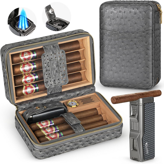 Scotte Cigar Humidor Box with Cigar Lighter and Cedar Wood Lined Leather with Built-in Hygrometer Humidifier and Cigar Holder