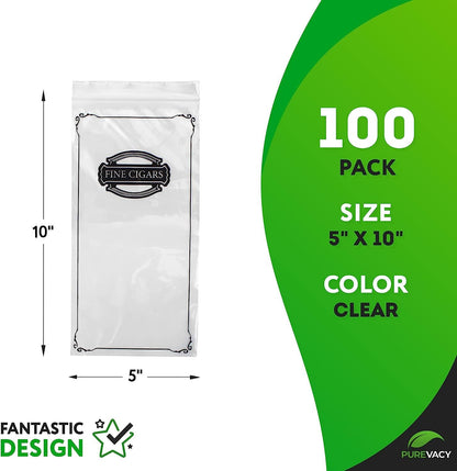 Fine Cigars Plastic Cigar Bags Pack of 100; Clear Plastic Zip Bags 5 x 10 Smoking Accessories; Small Plastic Bags Reclosable 2 Mil; Poly Zipper for Cigars to Smoke for Men