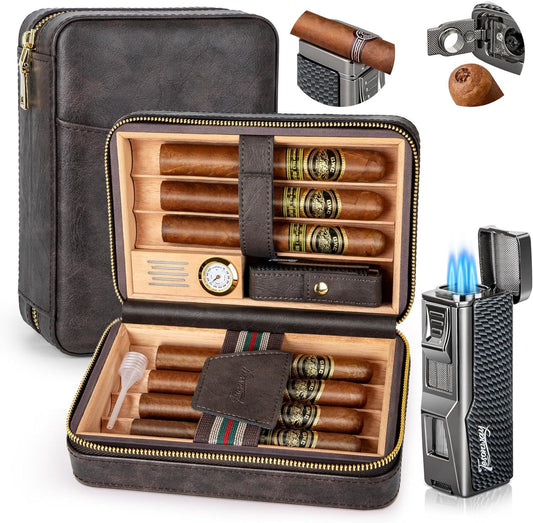 Tesonway Leather Travel Cigar case with Humidor, Cedar Wood Tray, Hygrometer, Humidifier, and Cigar Lighter