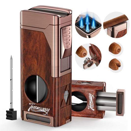 Tesonway Cigar Lighter 4 Jet Flame Cigar Lighters with Cigar Cutter Cigar Accessories Cigar Draw Enhancer Windproof Refillable Butane