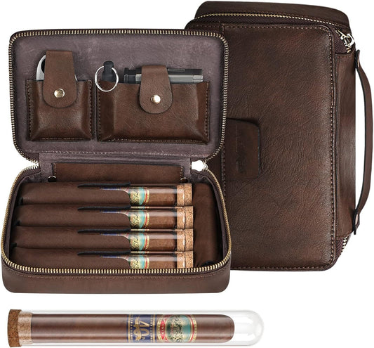 SEMKONT Brown Leather Portable Travel Cigar Humidor Case with 4 Cigar Tubes and Cigar Cutter