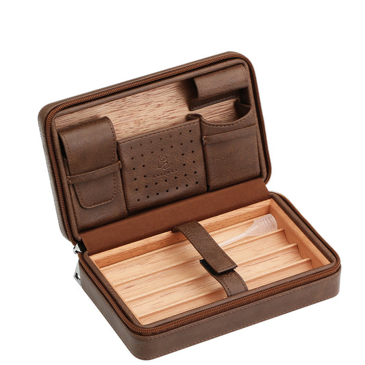 GALINER Leather Travel Cigar Case with Humidor and Cedar Wood for 4 Cigars Holder