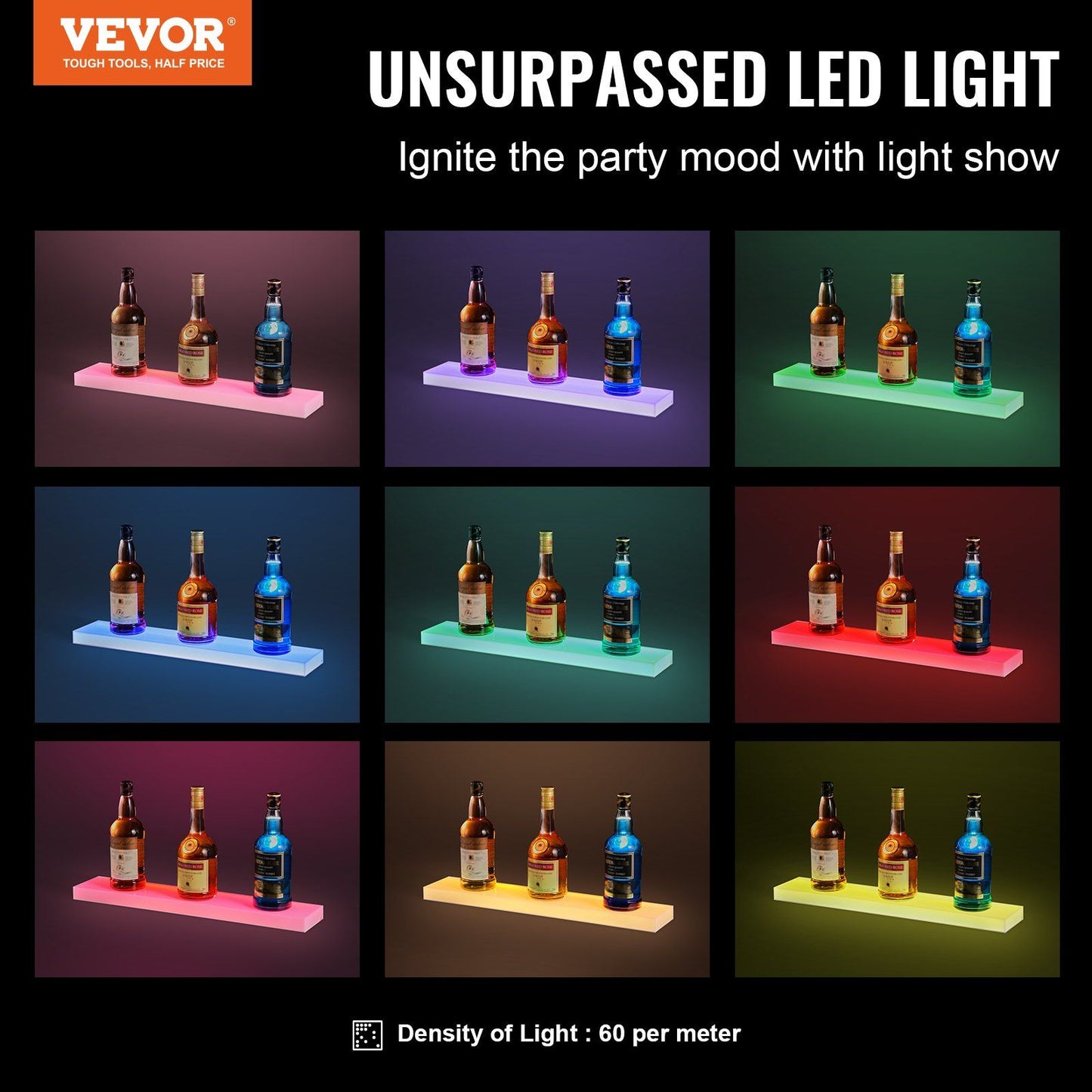 VEVOR Wall Mounted LED Lighted Liquor Bottle Display Home Bar Shelf 24" 1-Step