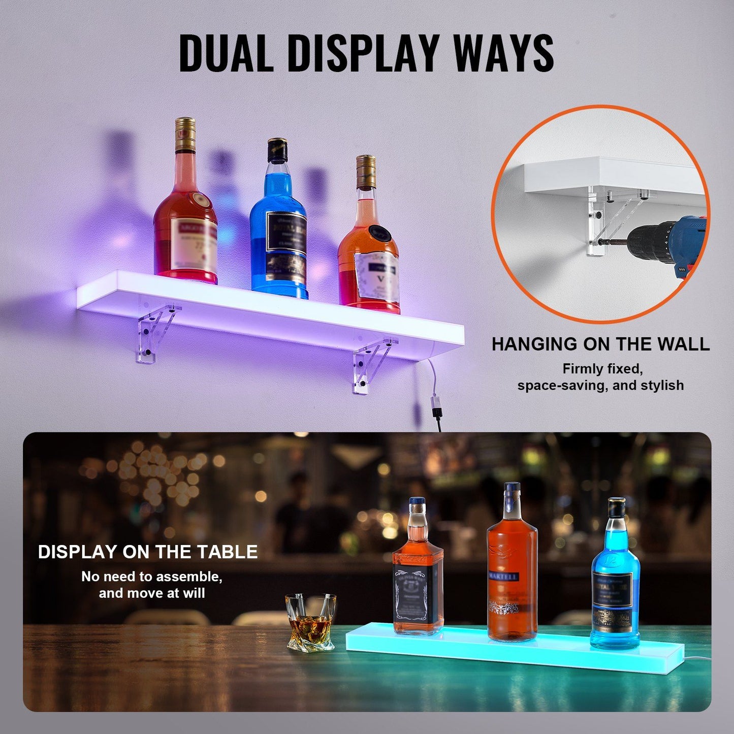 VEVOR Wall Mounted LED Lighted Liquor Bottle Display Home Bar Shelf 24" 1-Step