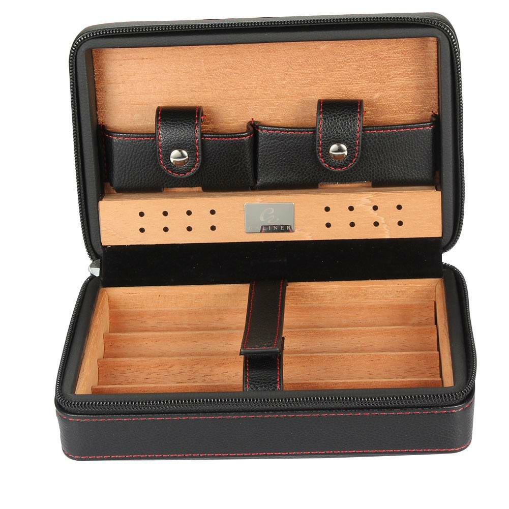 GALINER Leather Travel Cigar Case with Humidor and Cedar Wood for 4 Cigars Holder