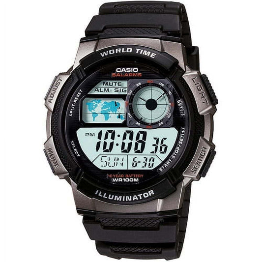Casio Men's Black and Silver World Time Digital Sport Watch AE1000W-1BV