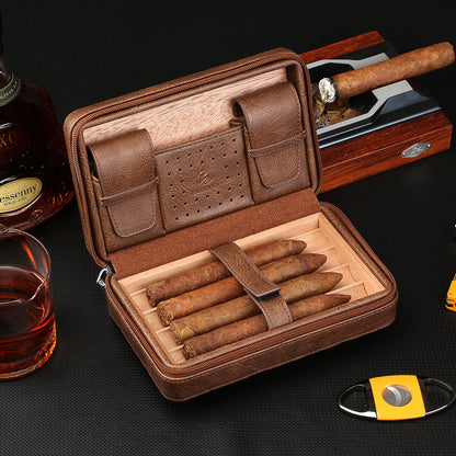 GALINER Leather Travel Cigar Case with Humidor and Cedar Wood for 4 Cigars Holder