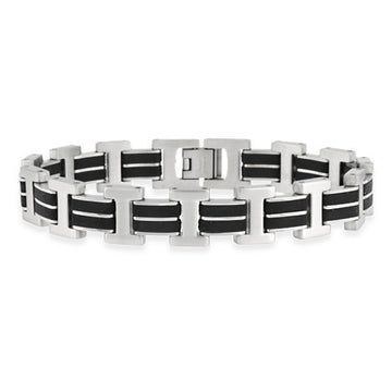 Stainless Steel and Rubber "I" and Double Bar Design Men's Link Bracelet