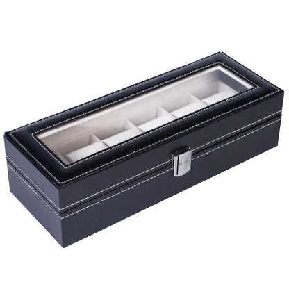 6 Compartments High-grade Leather Watch Collection Storage Box Black--YS