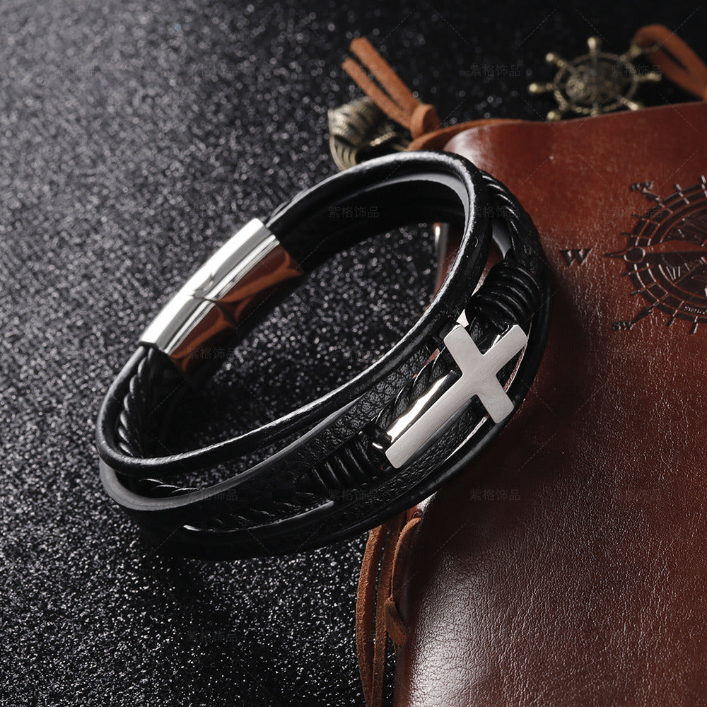 Men Cuff Bracelet Christmas Gift for Him Black Leather Black Buckle 19cm