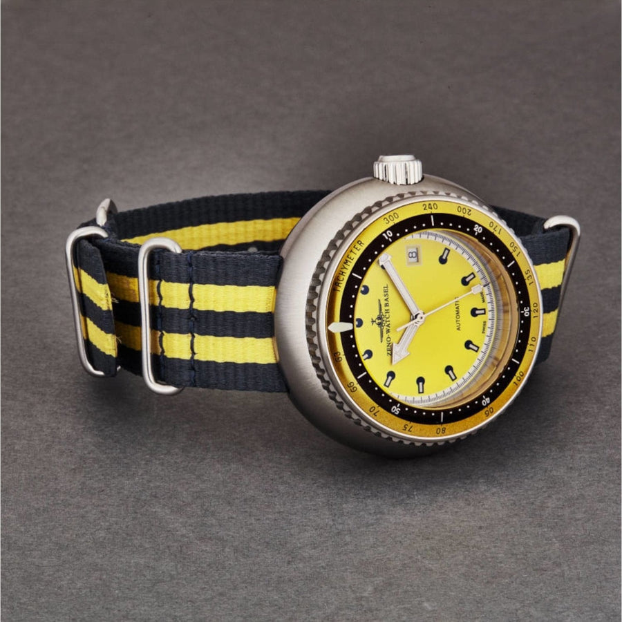 Zeno 500-2824-I9 Men's 'Divers' Yellow Dial Yellow/Blue Striped Fabric Strap Automatic Watch