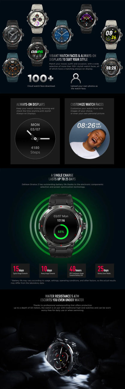 Zeblaze Stratos 2 GPS Smart Watch AMOLED Display 24h Health Monitor 5 ATM Long Battery Life Smartwatch for Men