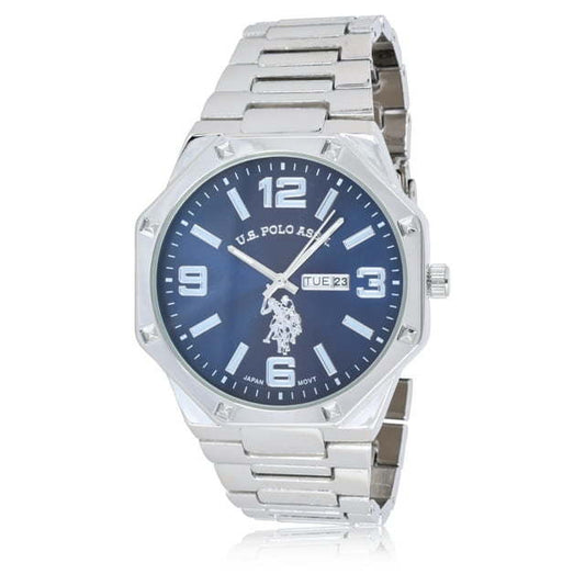 U.S. Polo Assn. Adult Male Analog Watch with Date Display in Silver and Blue (USC80682WM)