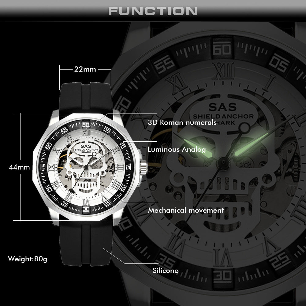 SAS Shield Anchor Shark Sports Watch Men's 3D Skull Design with Silicone Strap