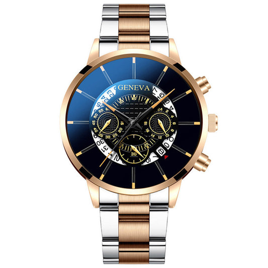 Geneva Men's Three Eyes Gold Steel Band Calendar Quartz Watch