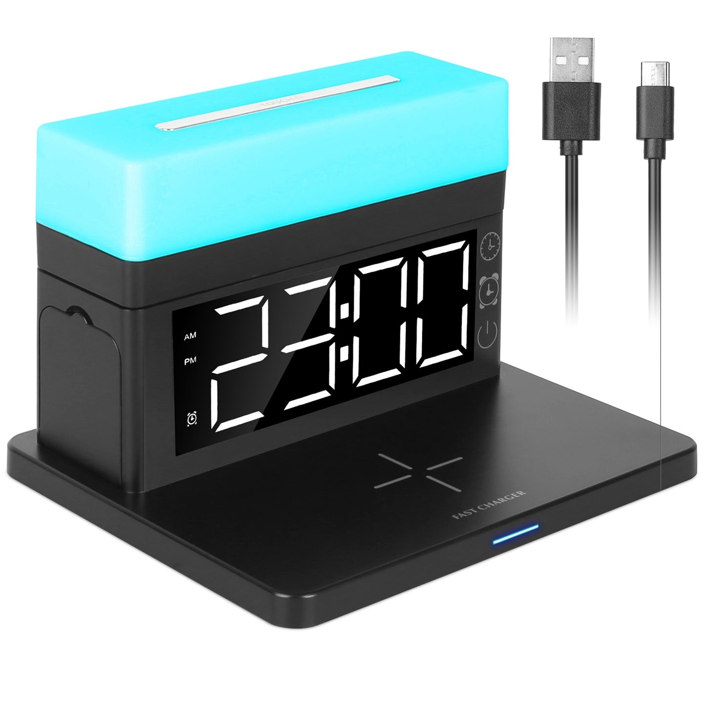 3 in 1 Wireless Charger Fast Charging Station Dock with Alarm Clock and Dimmable Colorful Night Light Fit for iPhone 14/13/12/11/Pro Max/iWatch/AirPods