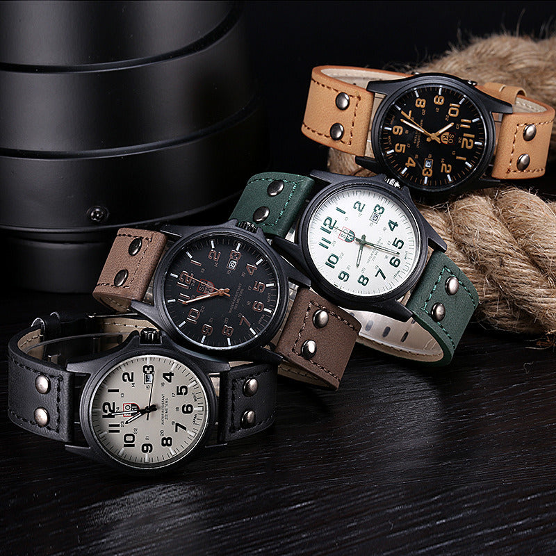 1pc Men's Circular Pointer Watch Leather Military Sports Date Quartz Watch Men's
