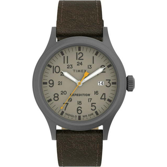 Timex Men's Expedition Scout 40mm Watch – Gunmetal Case Khaki Dial with Dark Brown Leather Strap