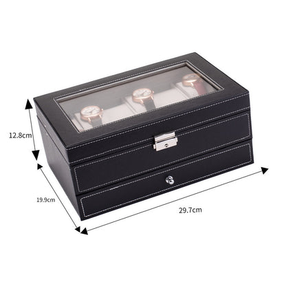 12 Slots Watch Box Mens Watch Organizer Lockable Jewelry Display Case with Real Glass Top Faux Leather Black--YS
