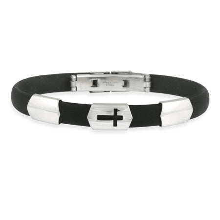 Stainless Steel and Rubber Men's Bracelet with Cross