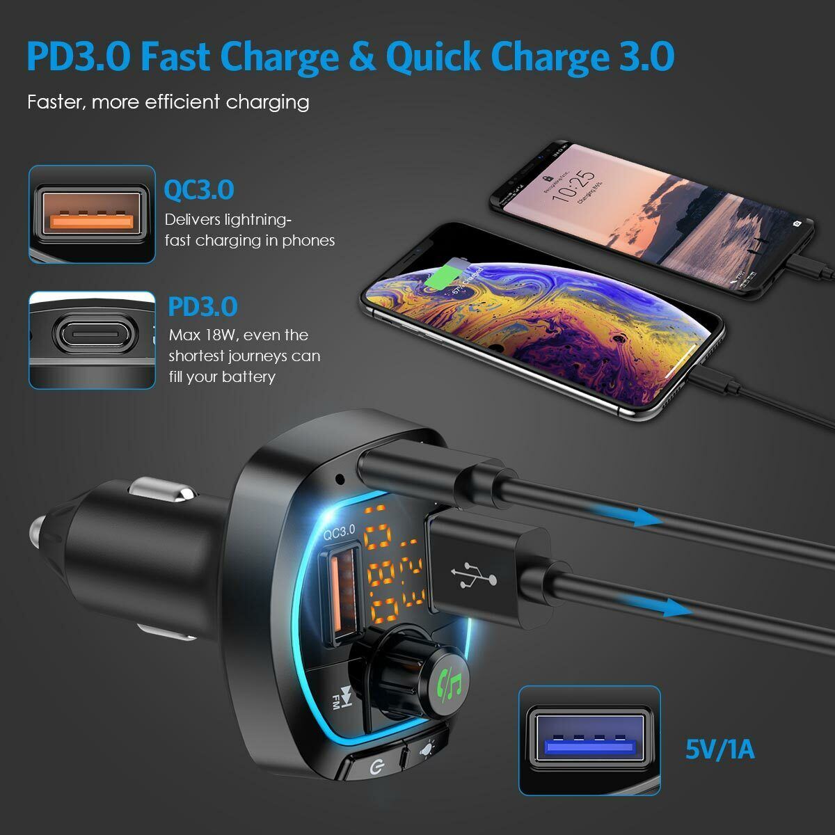 NEW FM Transmitter Bluetooth 5.0 Wireless Car 3USB Charger Handsfree Mp3 Player