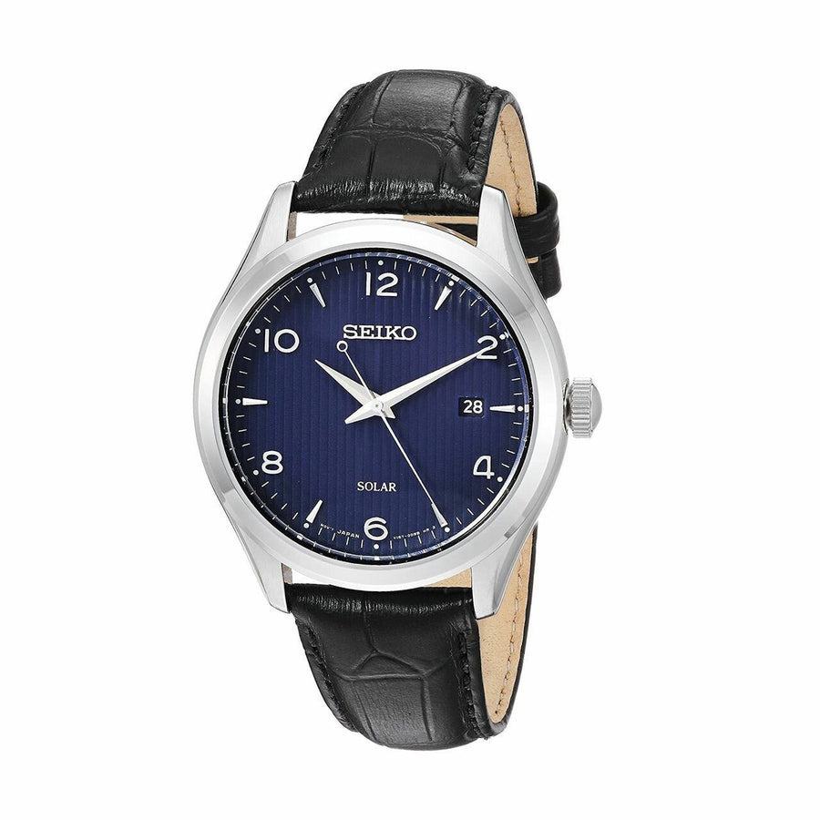 Seiko SNE491 Solar Blue Dial Men's Black Leather Strap Quartz Watch