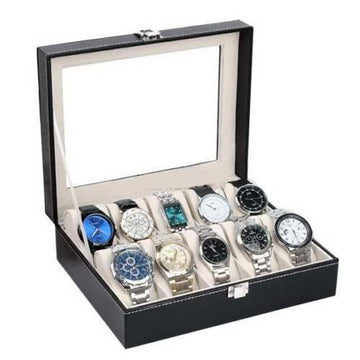 10 Compartments High-grade Leather Watch Collection Storage Box Black--YS