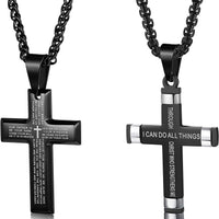 2pcs Stainless Cross Pendant Necklace for Men Women Lord's Prayer Necklace Philippians 4:13 Cross Pendant Black Chain 24 Inch