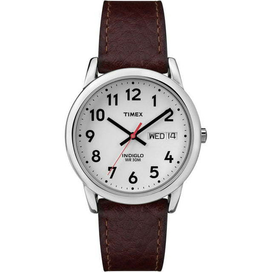 Timex Men's Easy Reader 35mm Day-Date Watch – Silver-Tone Case White Dial with Dark Brown Leather Strap