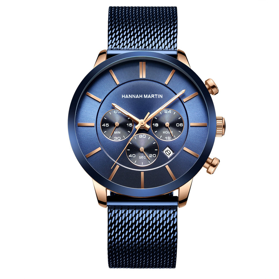 Men's Multi-functional Business Casual Calendar Quartz Watch Woven Steel Chain Gold Luminous Small Three-pin Watch