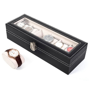 6 Compartments High-grade Leather Watch Collection Storage Box Black--YS