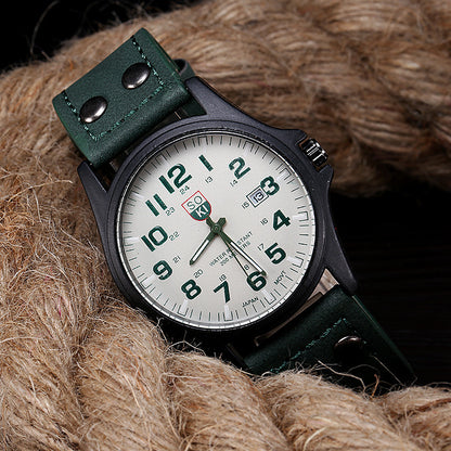 1pc Men's Circular Pointer Watch Leather Military Sports Date Quartz Watch Men's