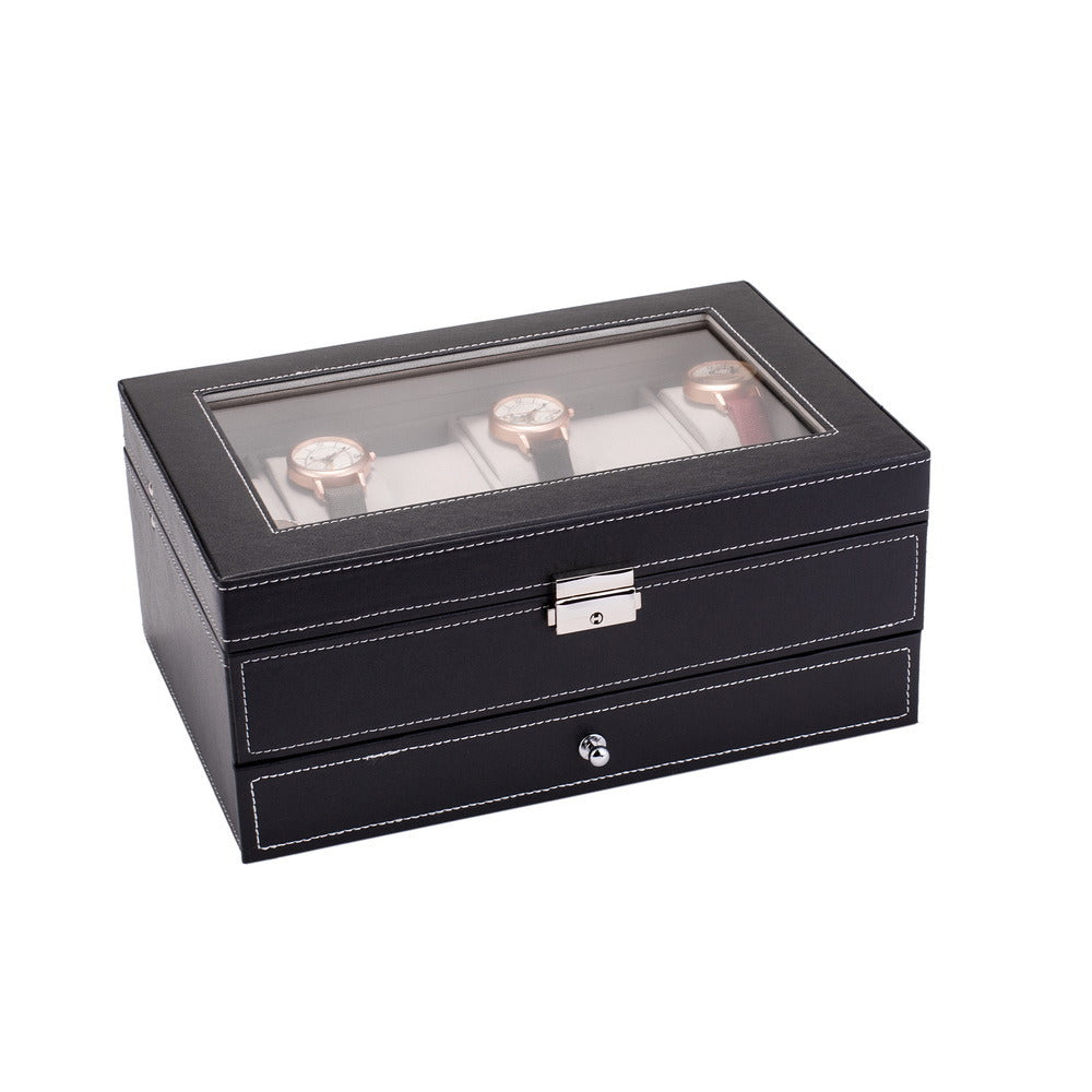 12 Slots Watch Box Mens Watch Organizer Lockable Jewelry Display Case with Real Glass Top Faux Leather Black--YS
