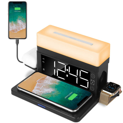 3 in 1 Wireless Charger Fast Charging Station Dock with Alarm Clock and Dimmable Colorful Night Light Fit for iPhone 14/13/12/11/Pro Max/iWatch/AirPods