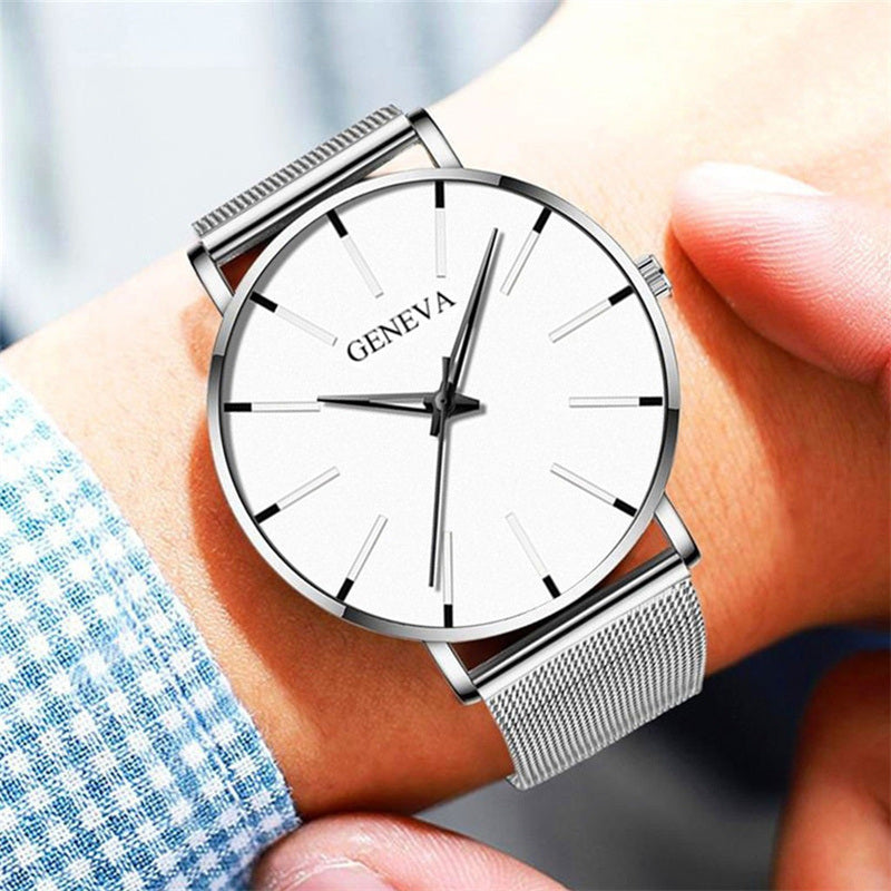Fashion Men's Ultra Thin Watches Minimalist Men Business Silver Stainless Steel Mesh Belt Quartz Watch