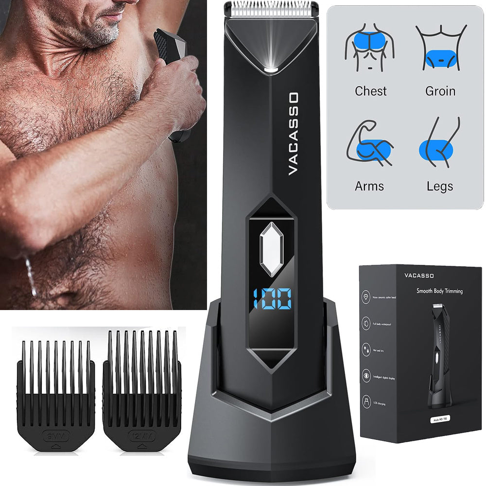 VACASSO Electric Body Hair Trimmer for Men Groin Hair Trimmer Ball Shaver w/Light&LED Display, USB Recharge Dock, Adjustable Ceramic Blade Head, Waterproof Male Pubic Hair Trim Hygiene Razor