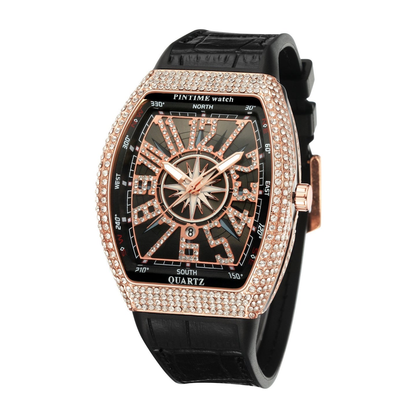 Men's Fashion Cool Unique Watch Iced Out Bling Crystal Rhinestone Quartz Wrist Watches With Rubber Strap