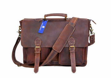 Anuent Handmade Brown Leather Laptop Bag With 2 Pockets.
