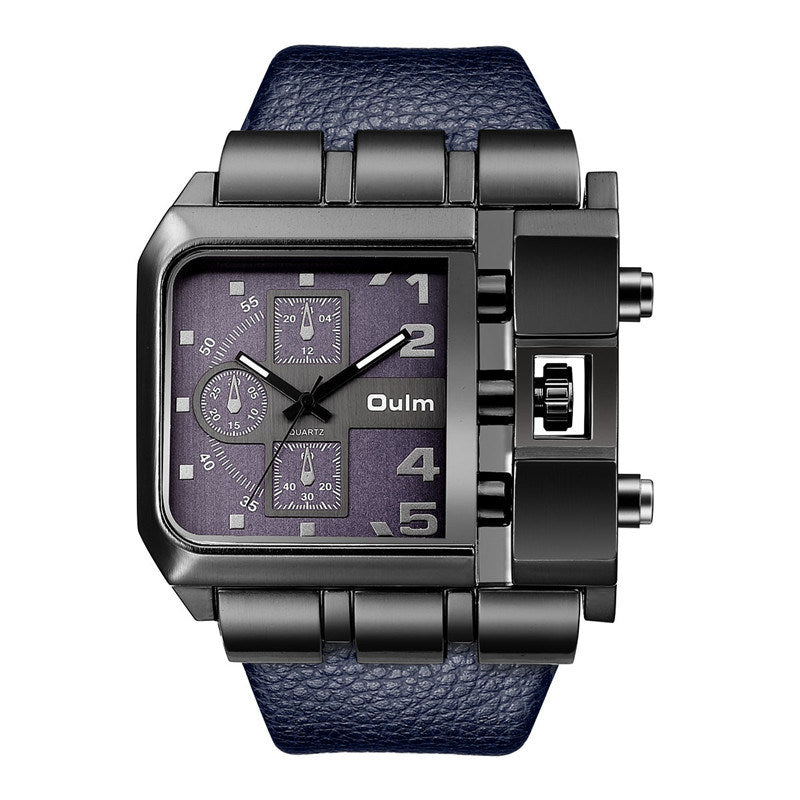 OULM Men's Big Square Dial Sport Wristwatch with Leather band
